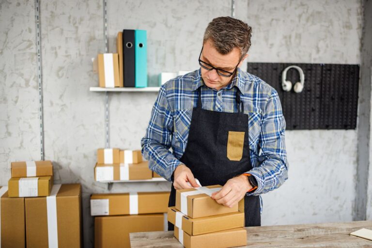 A guy packing customized products for selling