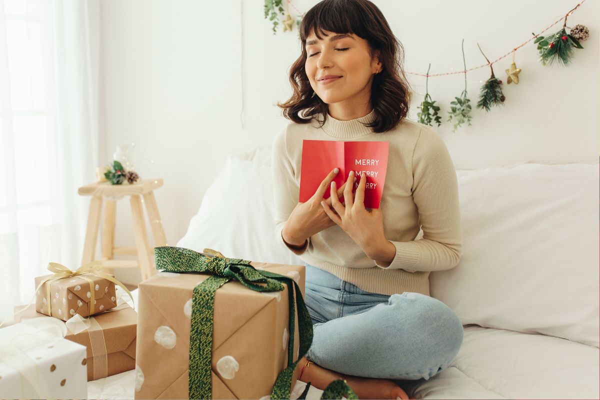 A lady feeling relaxed after getting a personalized message with her gift.