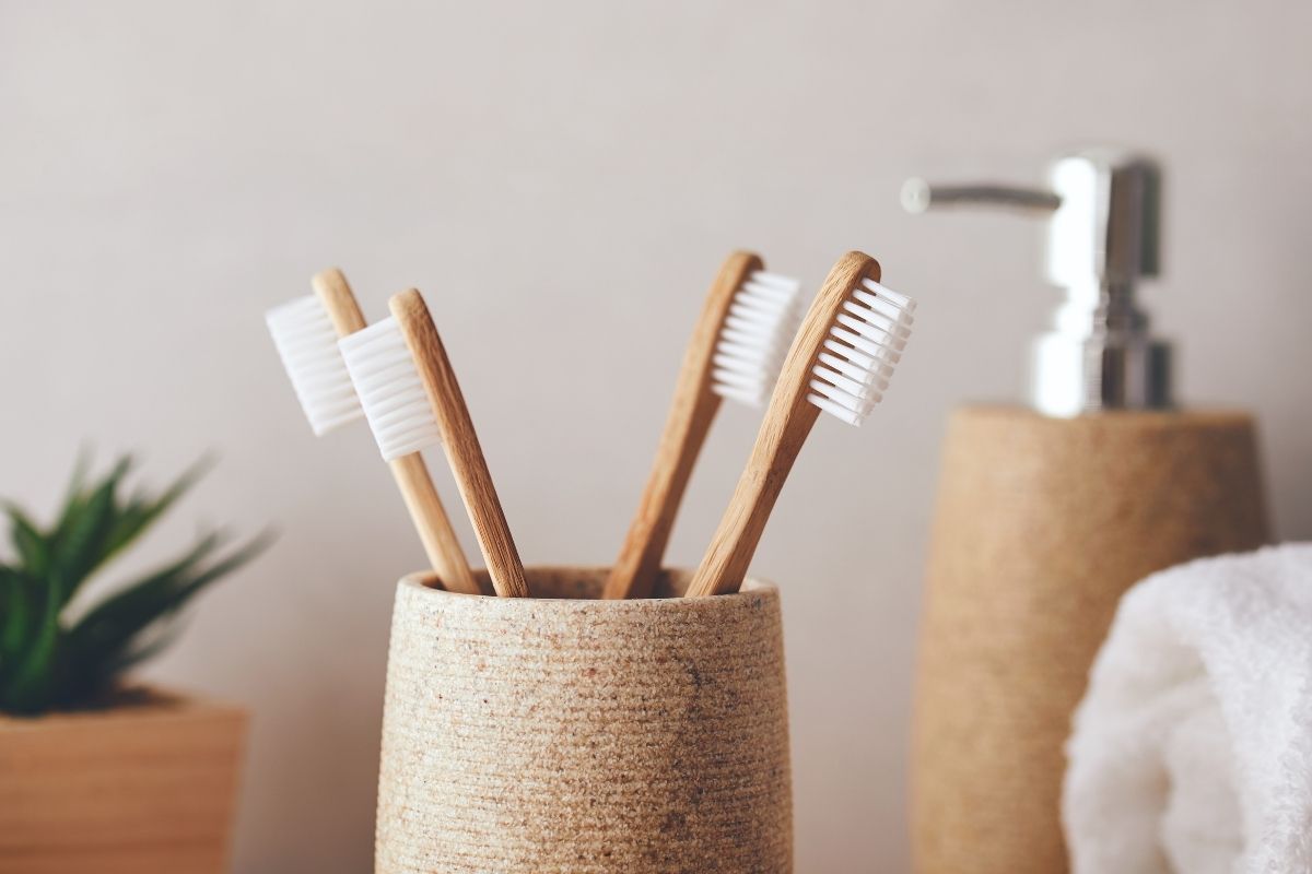 Bamboo Toothbrushes kept with each other.