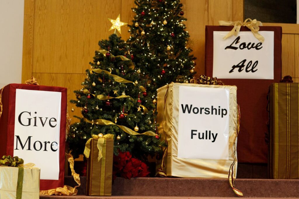 Christmas presents with admirable sentiments kept at the church.