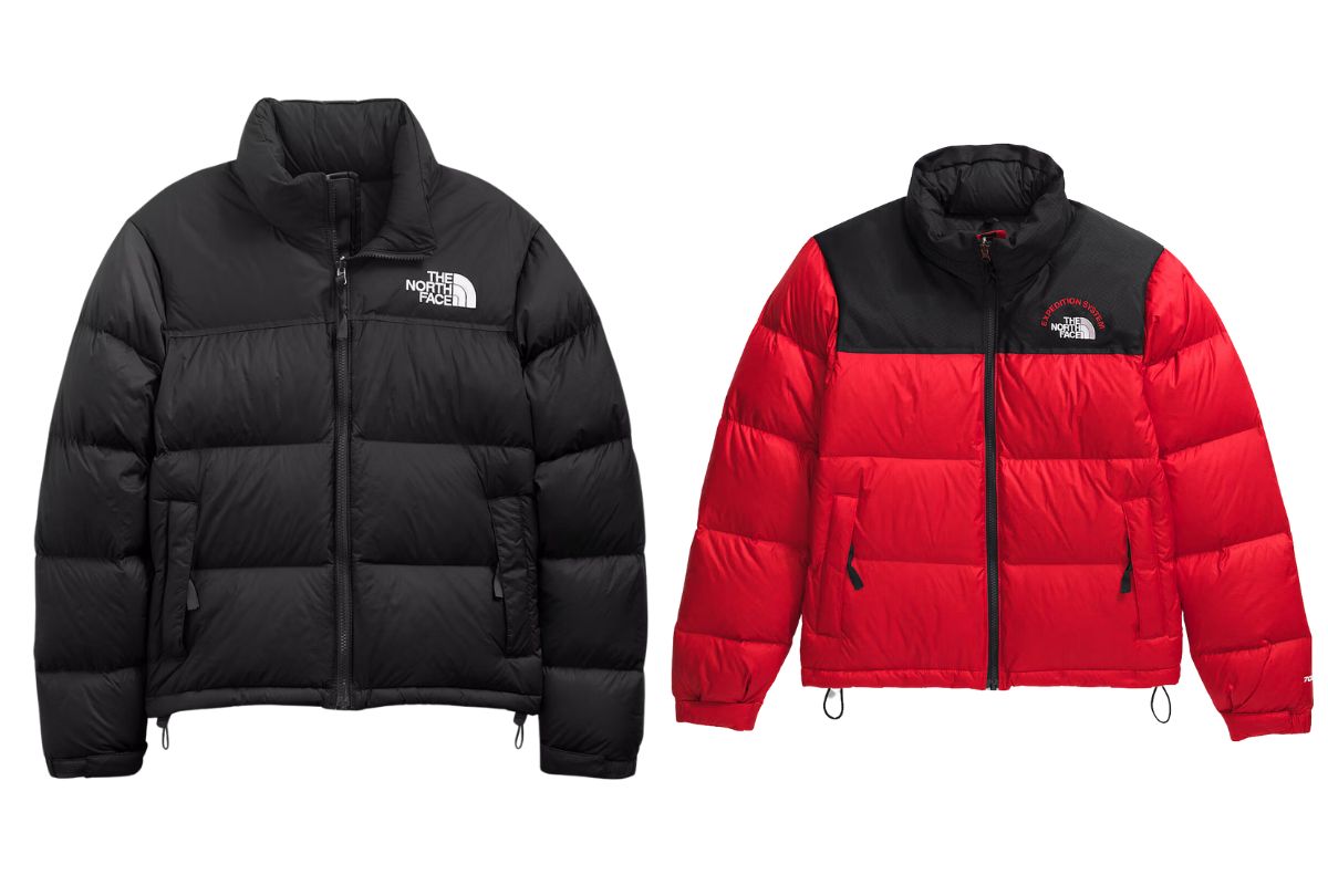 Different colored North Face nuptse jackets for women shown in the image.