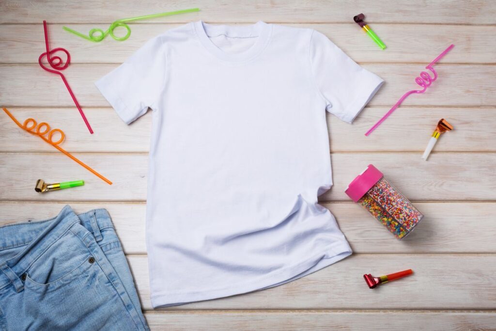 Different tools and crafting materials kept with each other for shirt designing.