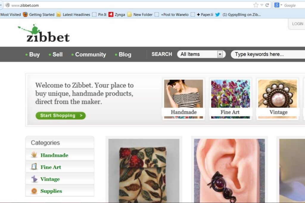 Homepage of zibbet website to sell craft online.