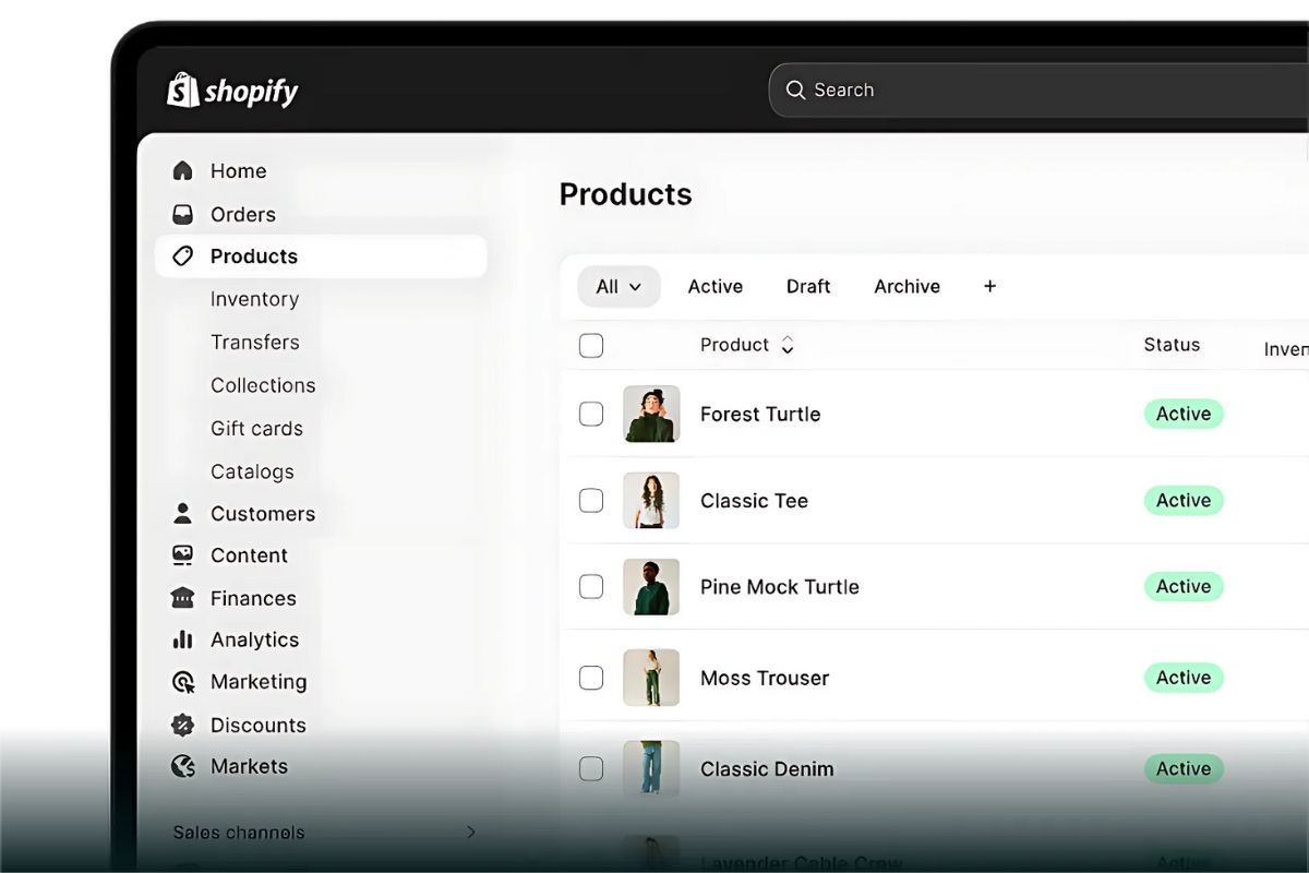 The product page of shopify with range of products.