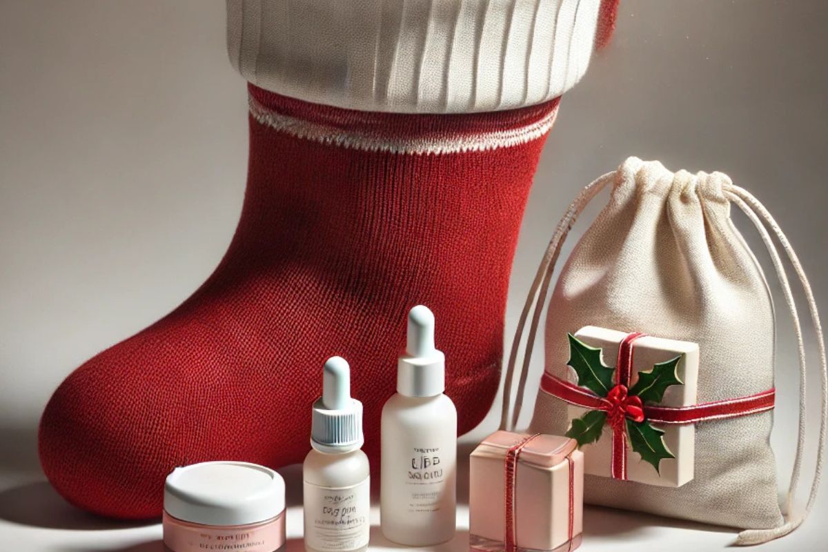 A stocking filled with skincare items.