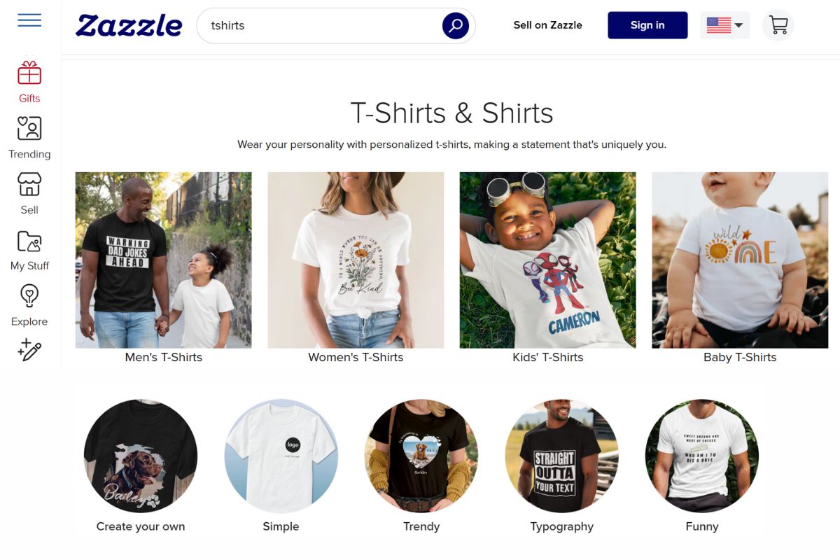 A webpage of zazzle shown in the image for t-shirt selling and customization