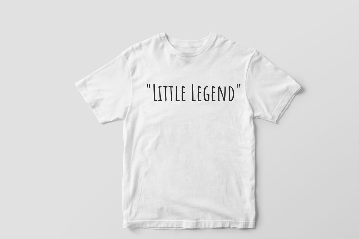 Little Legend written on a baby t-shirt in Amatic SC fonts