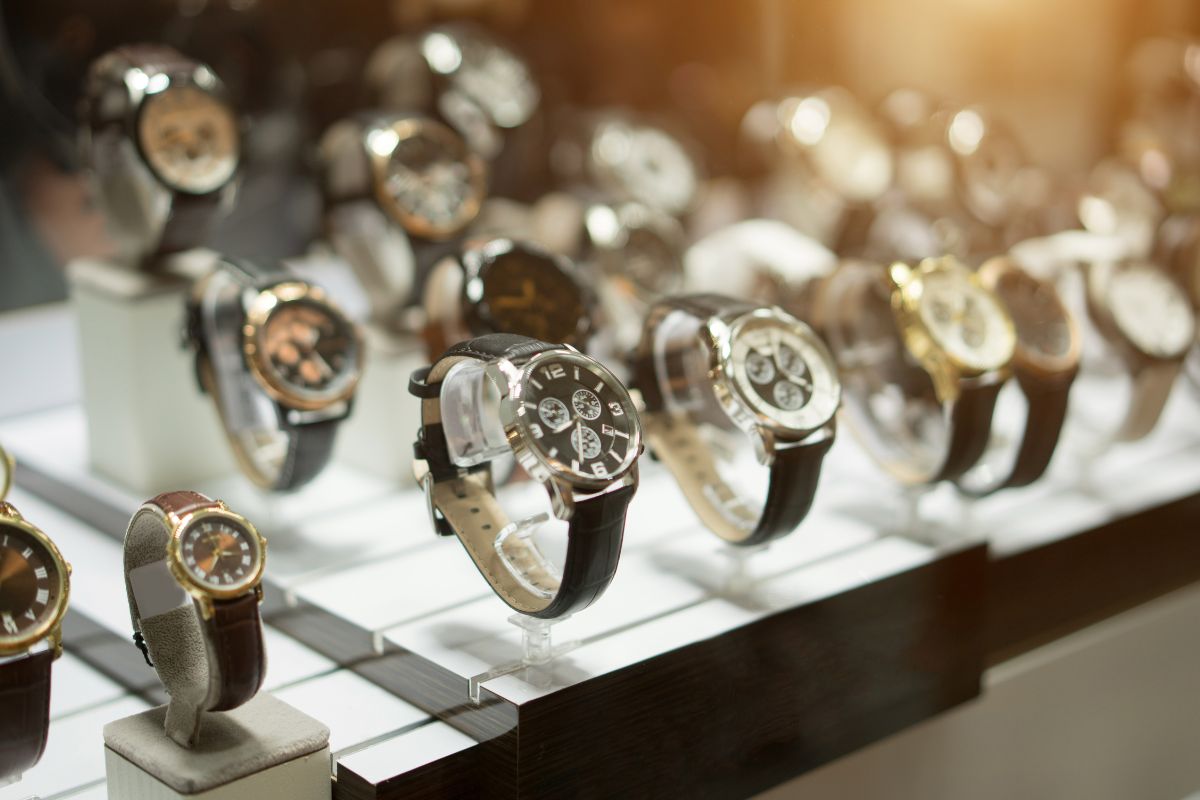 A collection of luxury watches kept at a store