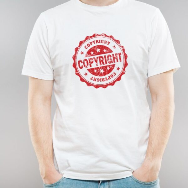 A person wearing a t-shirt with a copyright sign on it, illustrating that t-shirt designs can be protected