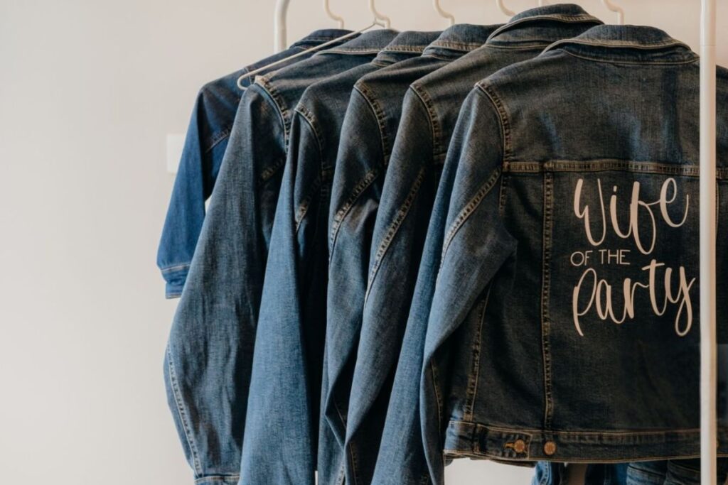 A collection of personalized denim jackets displayed together