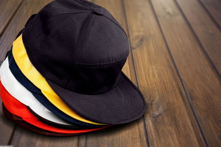 A collection of personalized flat bill hat kept together
