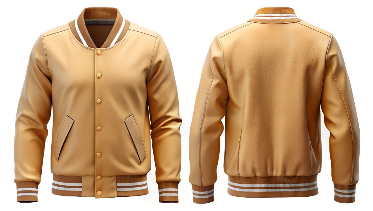 A custom bomber jacket mockup design is shown in the image