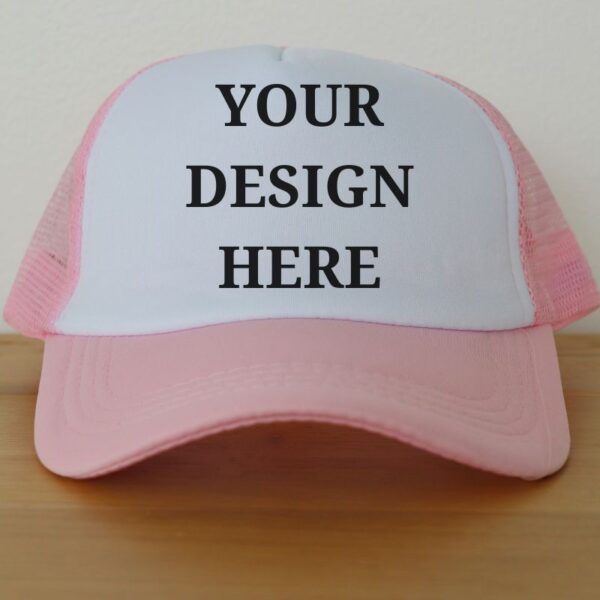 A custom trucker cap kept on a table