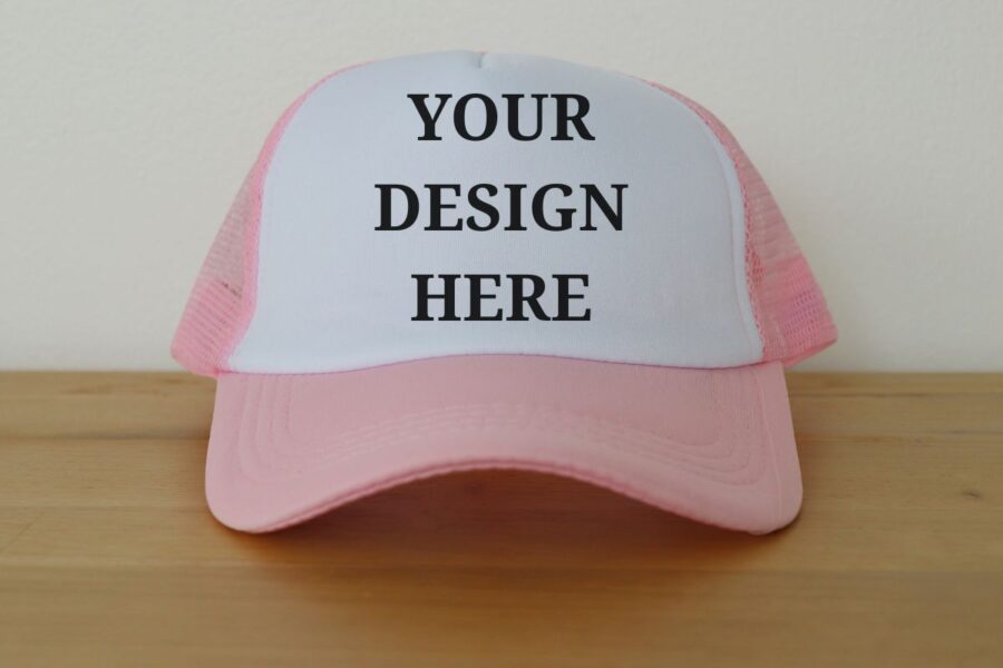 A custom trucker cap kept on a table