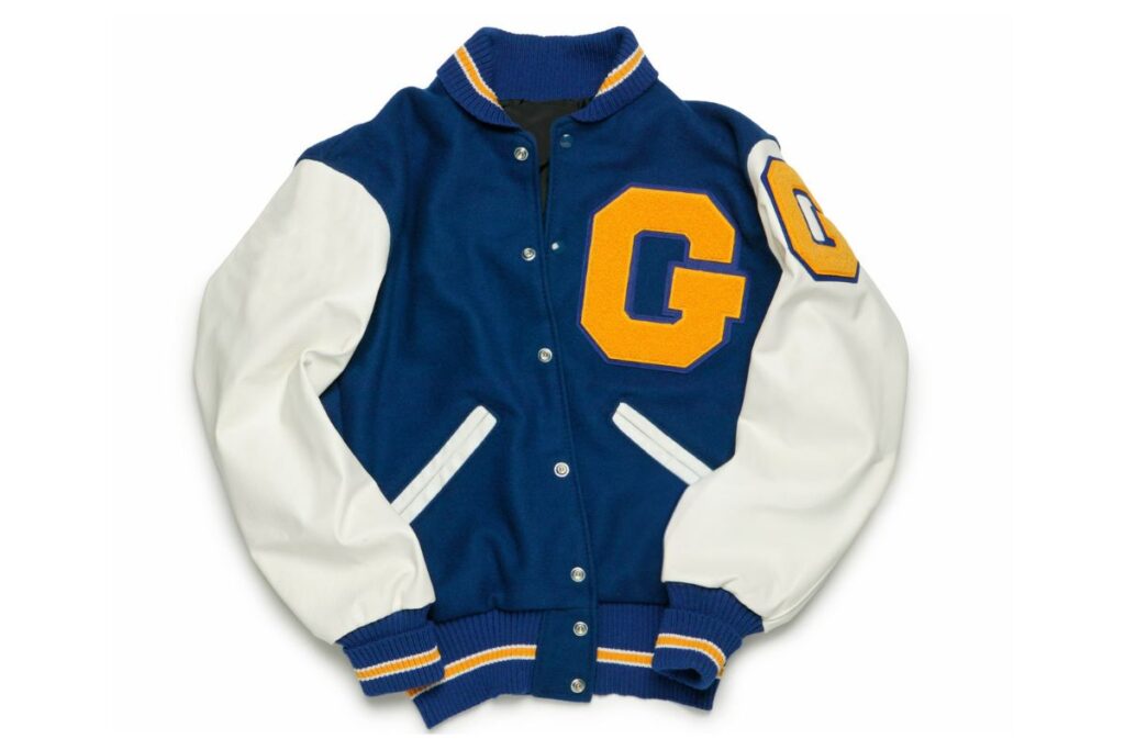 A embroidered varsity jacket shown in the image