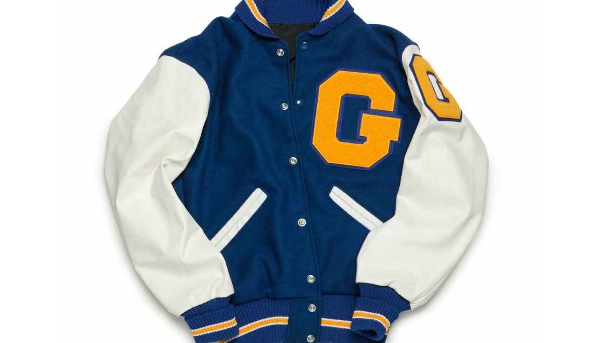 A embroidered varsity jacket shown in the image