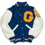 A embroidered varsity jacket shown in the image