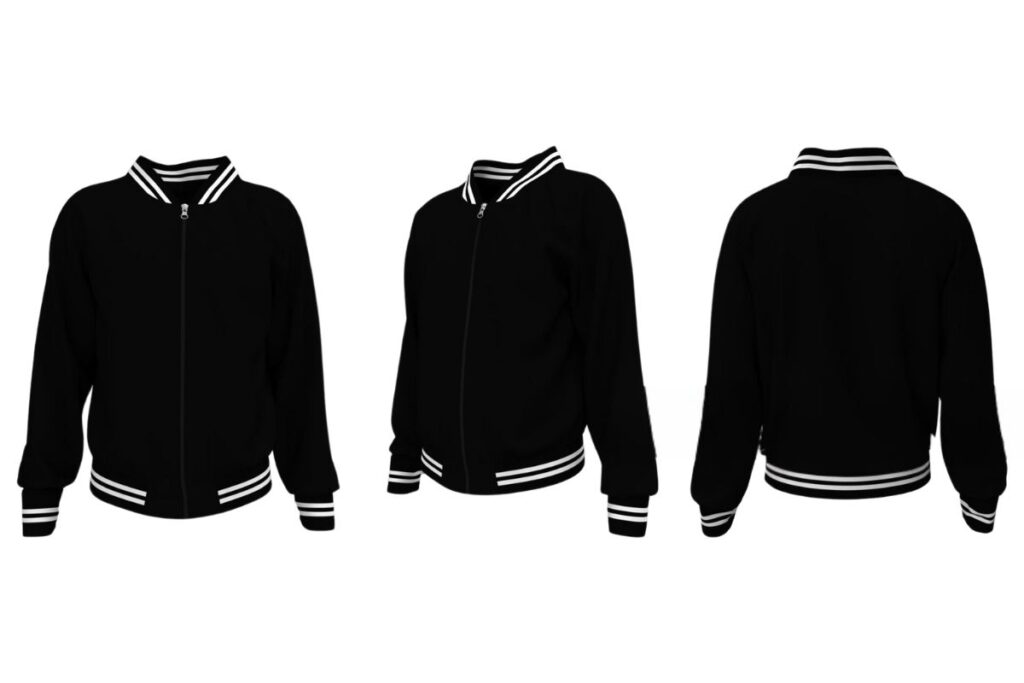 A high-resolution mockup of a custom bomber jacket is shown in the image