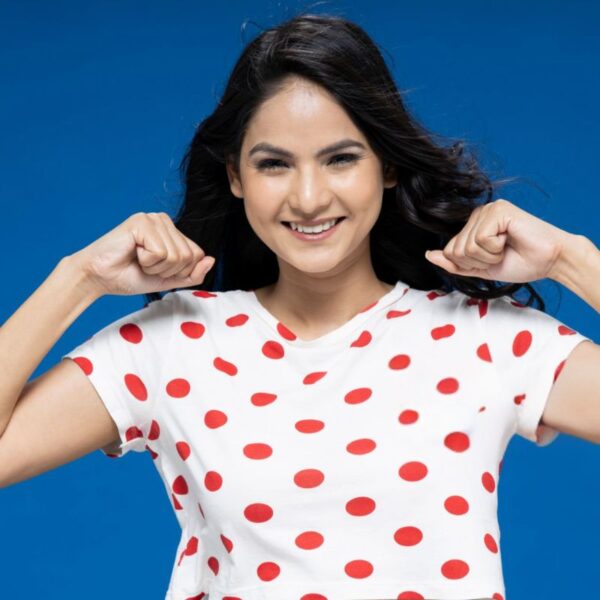 A lady wearing custom printed crop top t-shirt