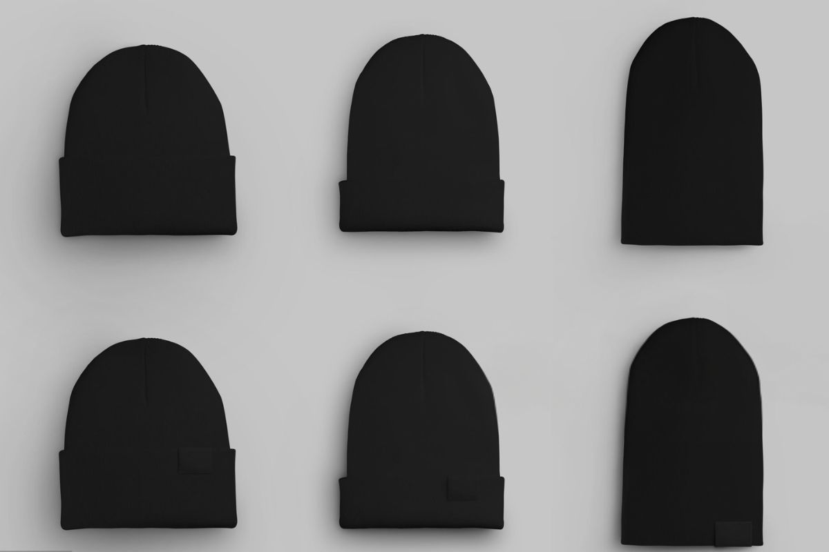 A mockup design of a custom-knit beanie is shown in the image.