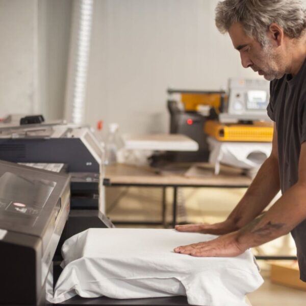 A person doing custom T-Shirt Printing on a machine