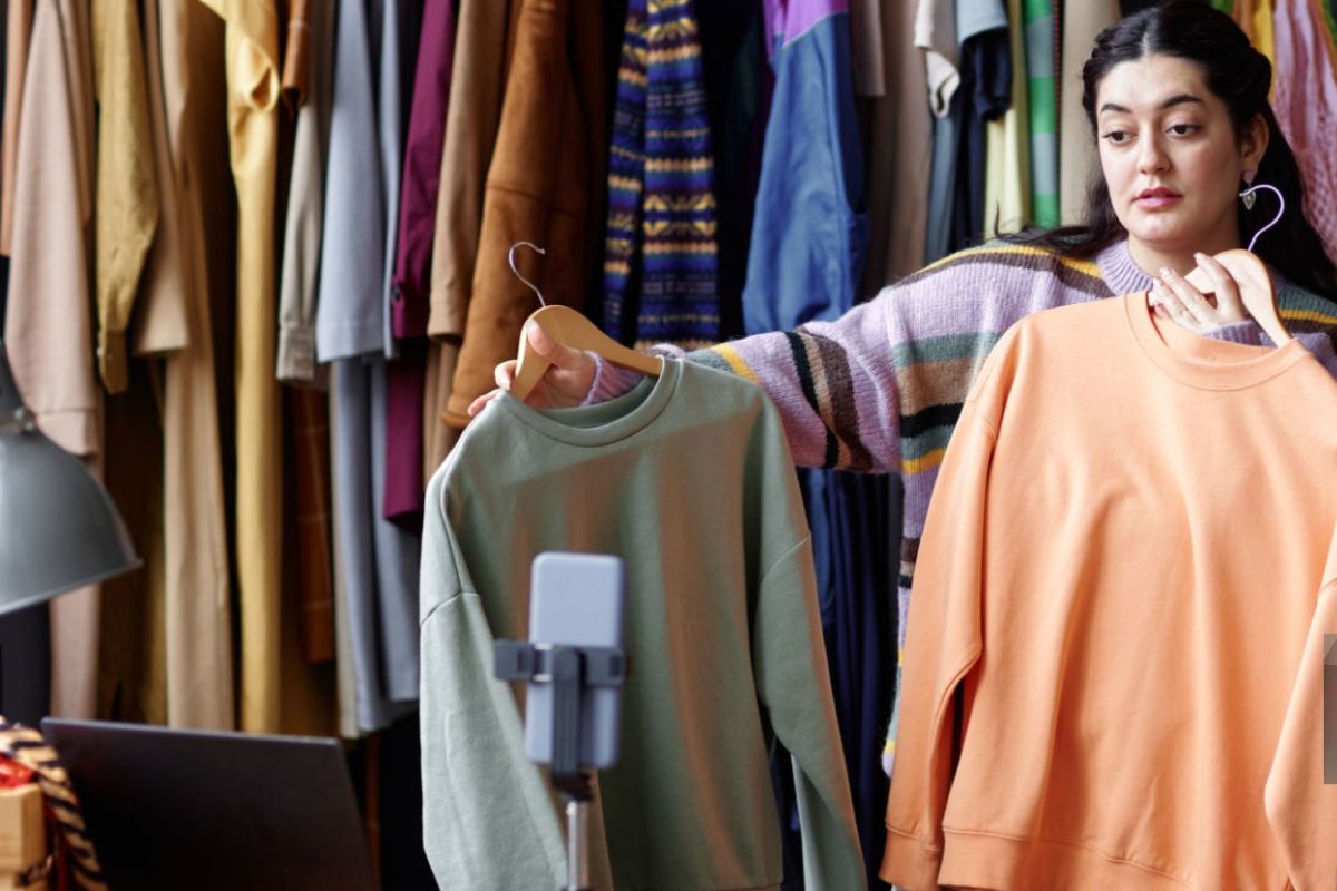 A woman is selling oversized sweatshirts online through her social media platforms
