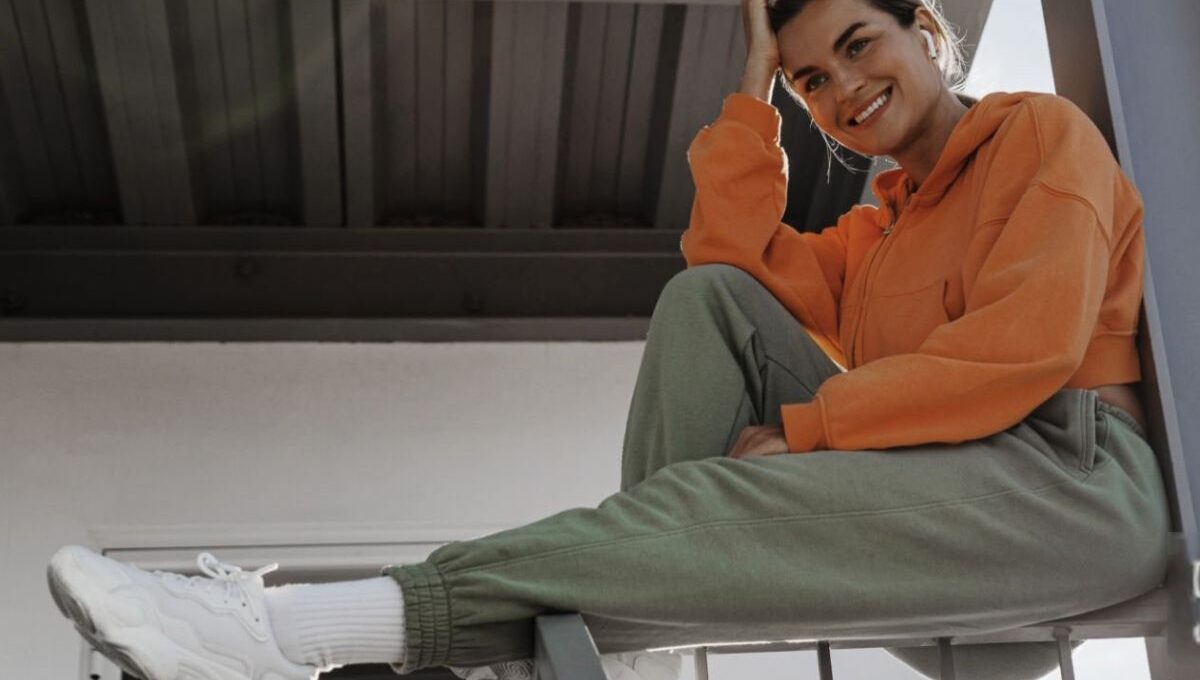 A woman wearing custom printed sweatpants