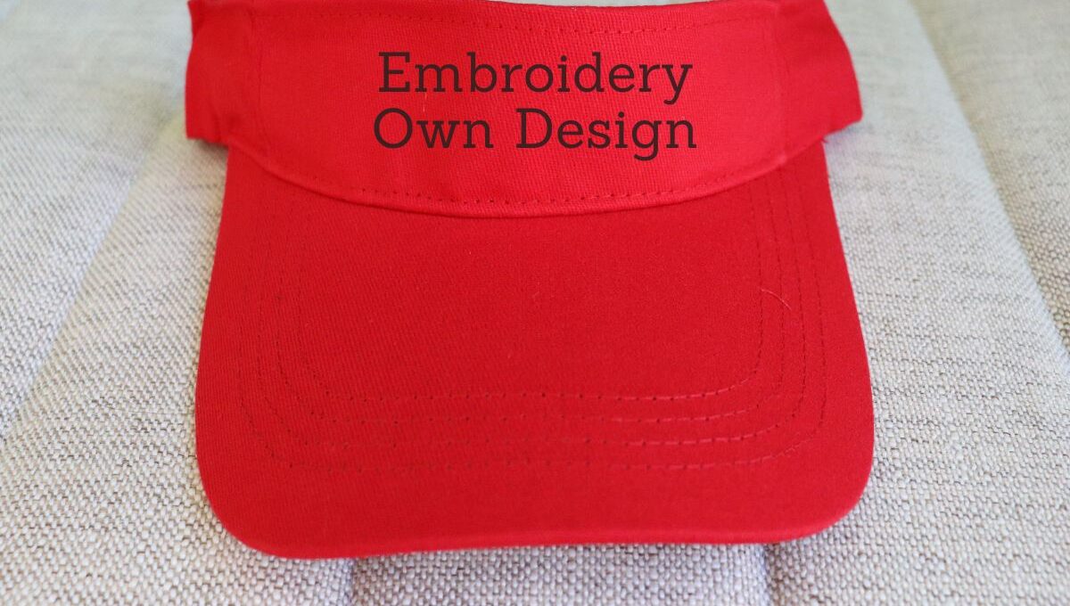 An embroidered sun visor is shown in the image