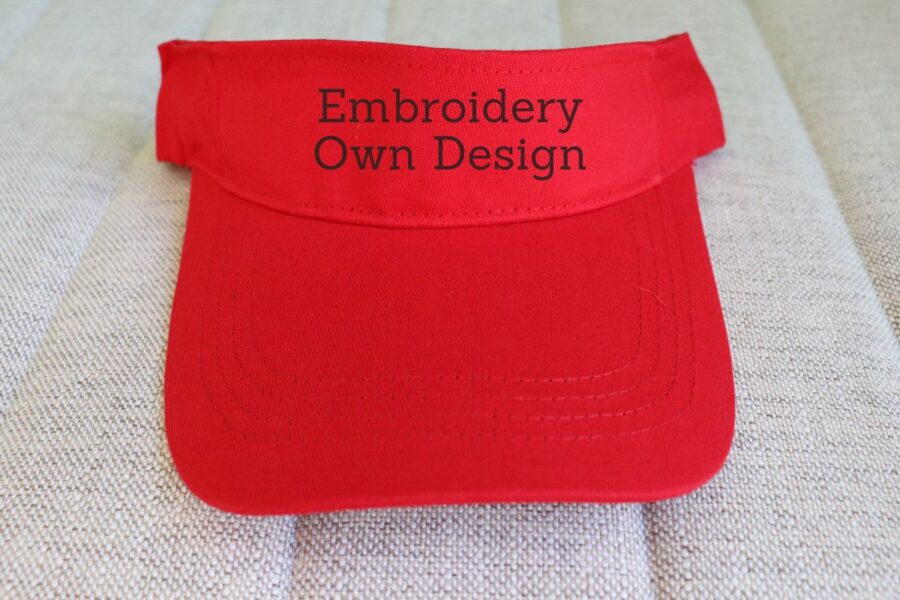 An embroidered sun visor is shown in the image