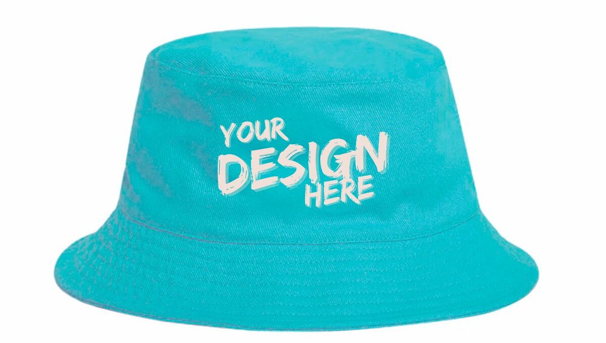 The image shows an embroidered bucket hat that can be customized