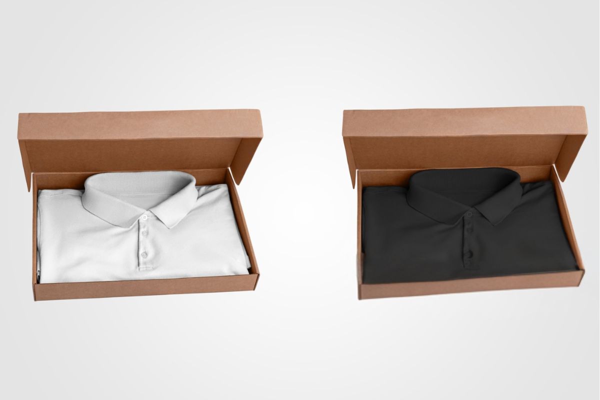 Two custom printed polo T-shirts for men, packed and ready for delivery