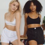 Two friends wearing women's high waisted shorts