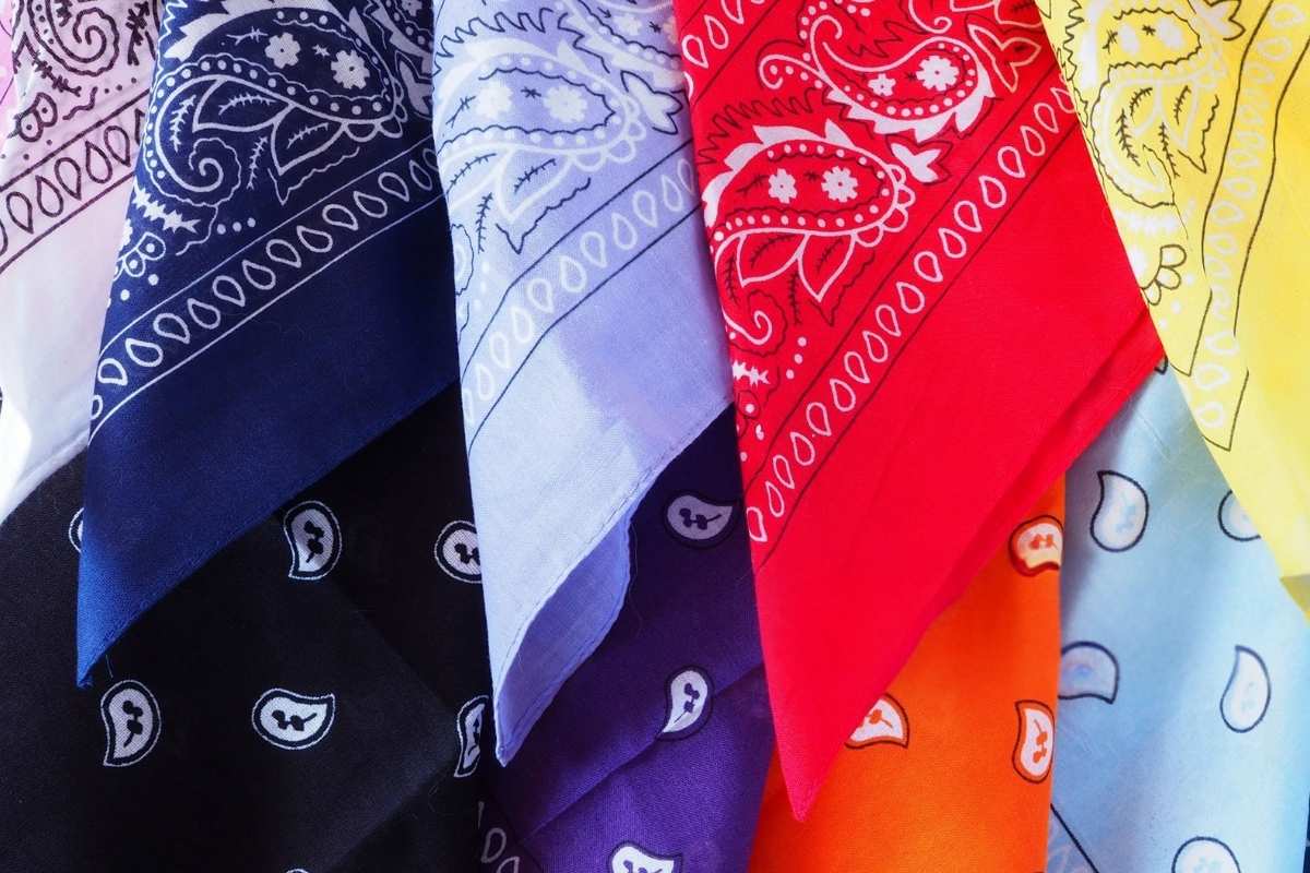 A collection of custom printed bandana kept with each other