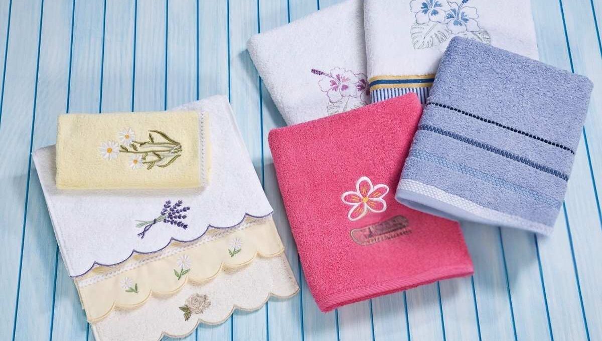 A collection of embroidered hand towel kept with each other