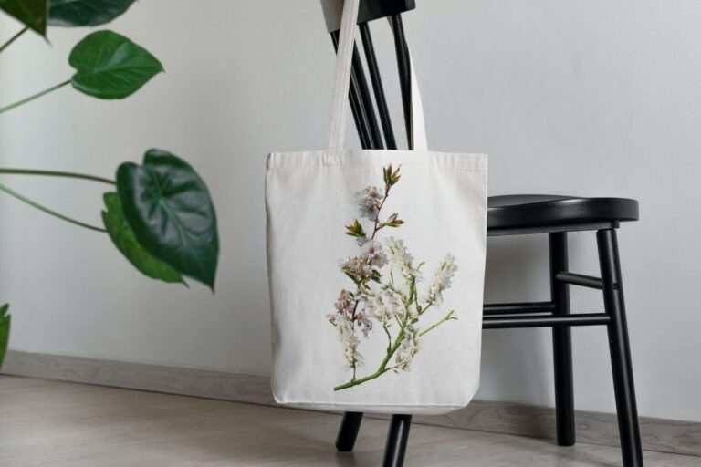 A custom canvas tote bag kept on a chair