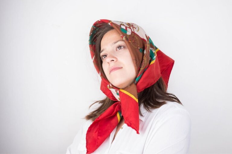 A lady wearing a personalized headscarf