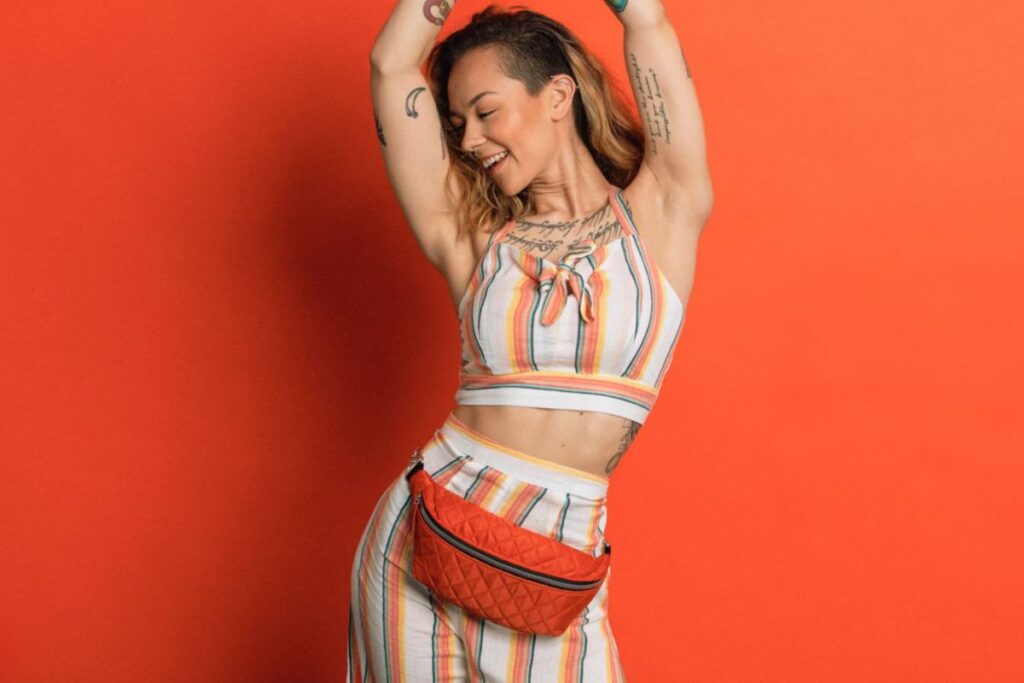 A lady wearing personalized belt bag