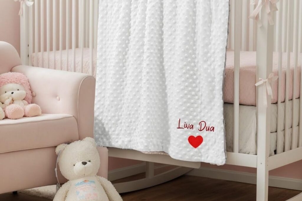 A toddler-themed custom fleece blanket is displayed in the image