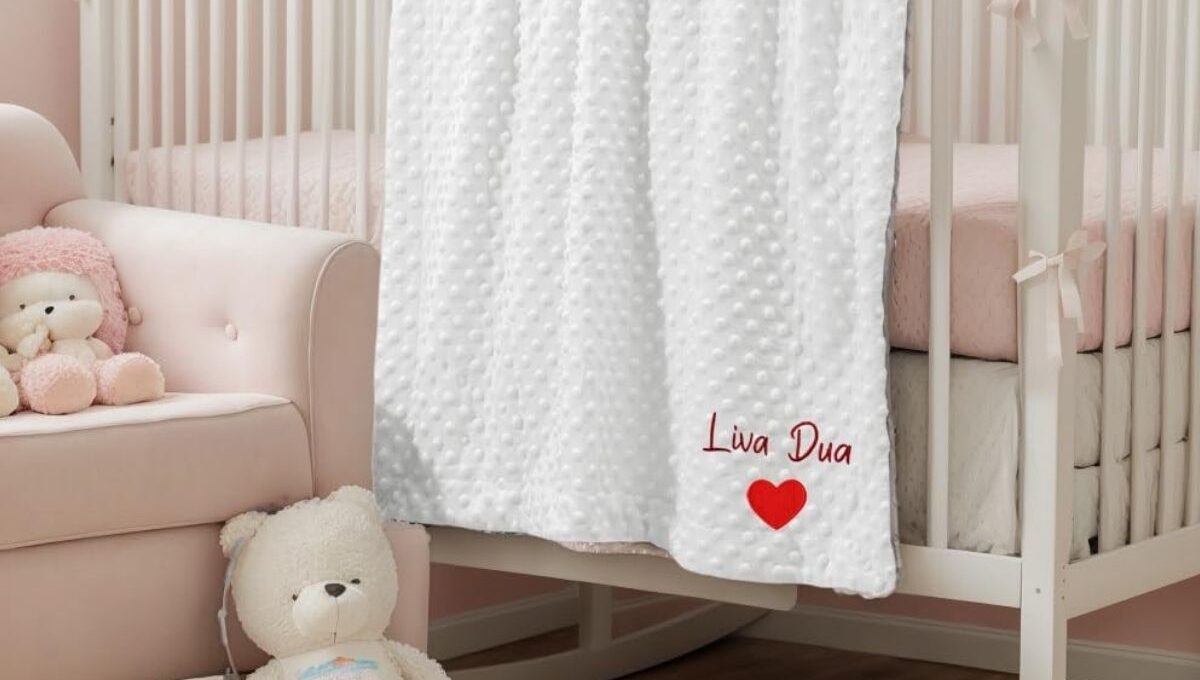 A toddler-themed custom fleece blanket is displayed in the image