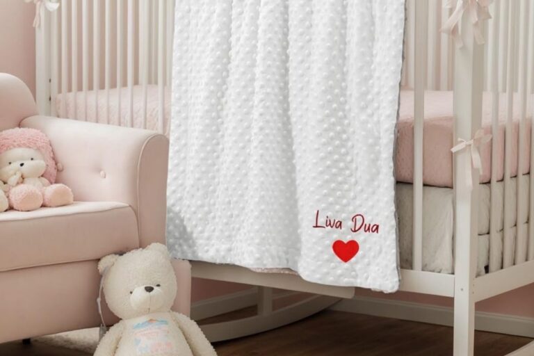 A toddler-themed custom fleece blanket is displayed in the image