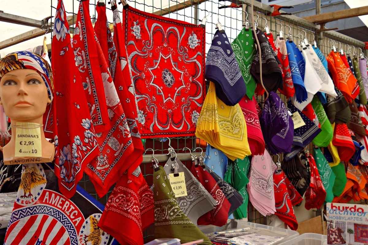 Different types of bandanas displayed for sale