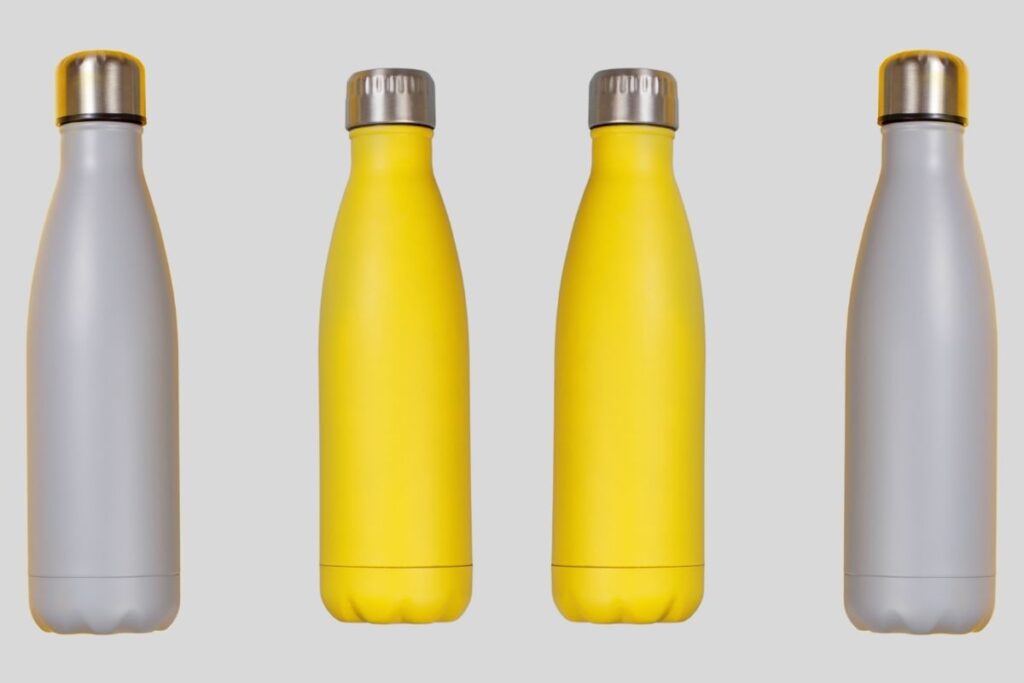 A collection of insulated water bottles placed together