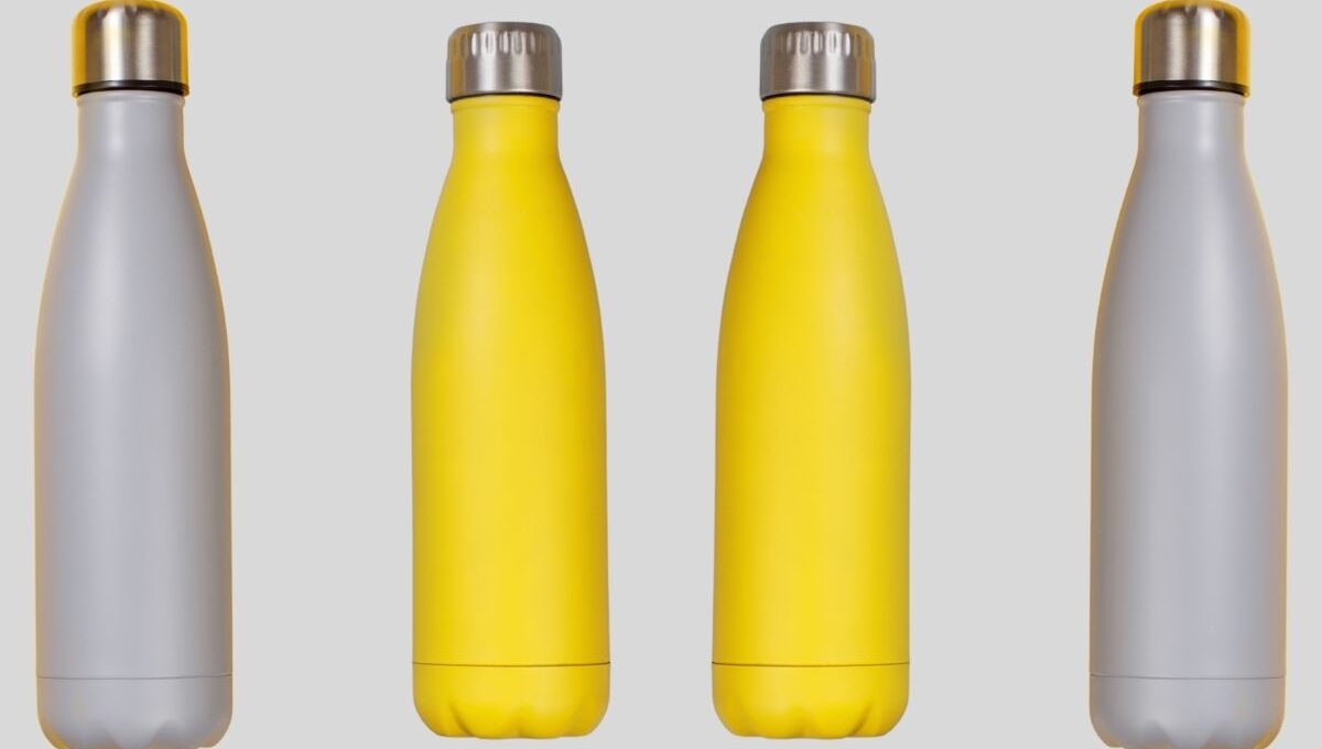 A collection of insulated water bottles placed together