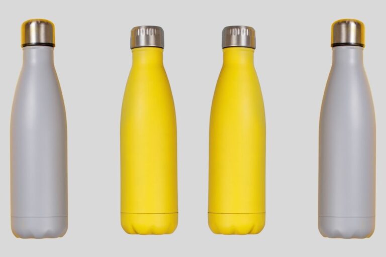 A collection of insulated water bottles placed together