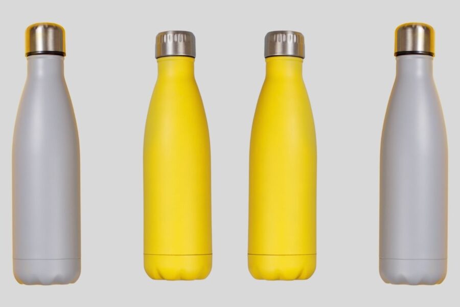 A collection of insulated water bottles placed together