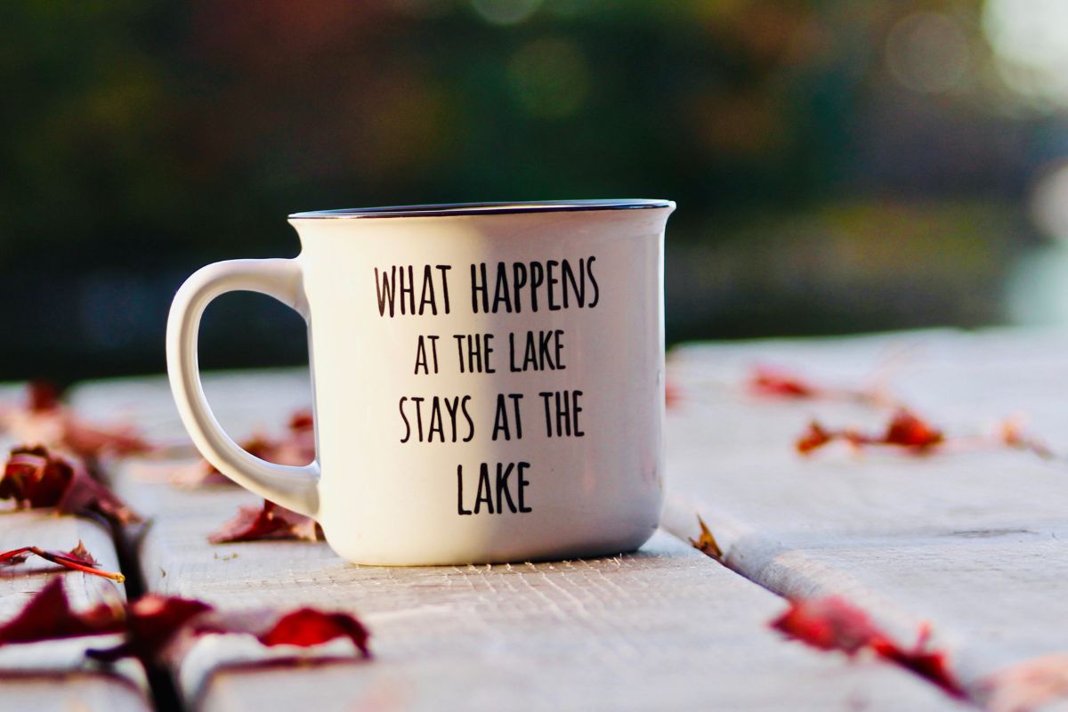 A custom ceramic mug with a printed note on it