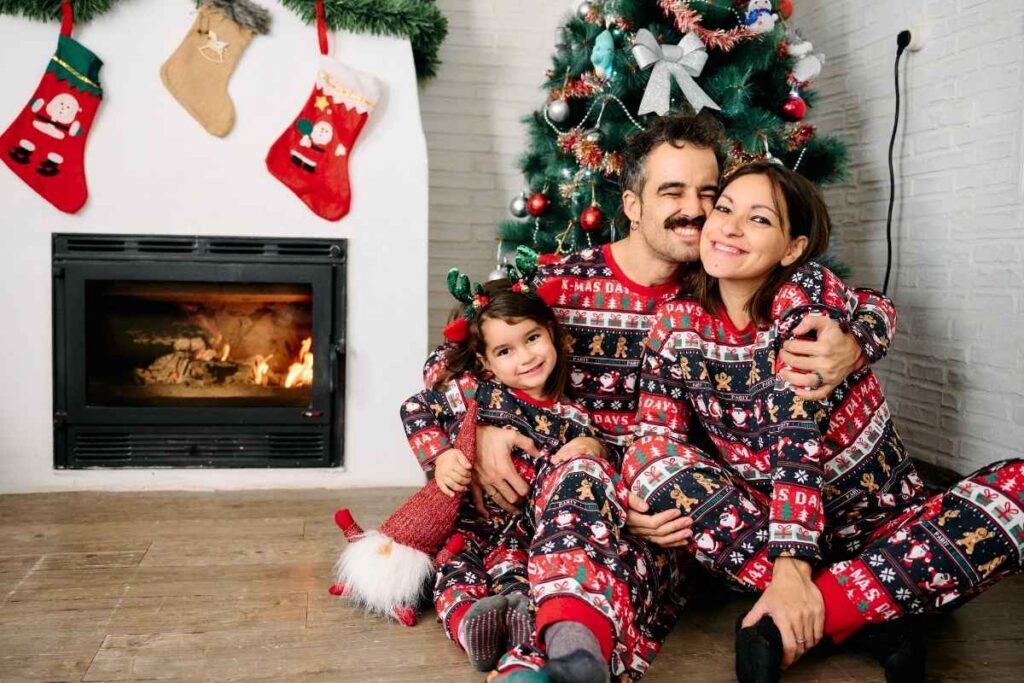 A family member wearing matching family outfits