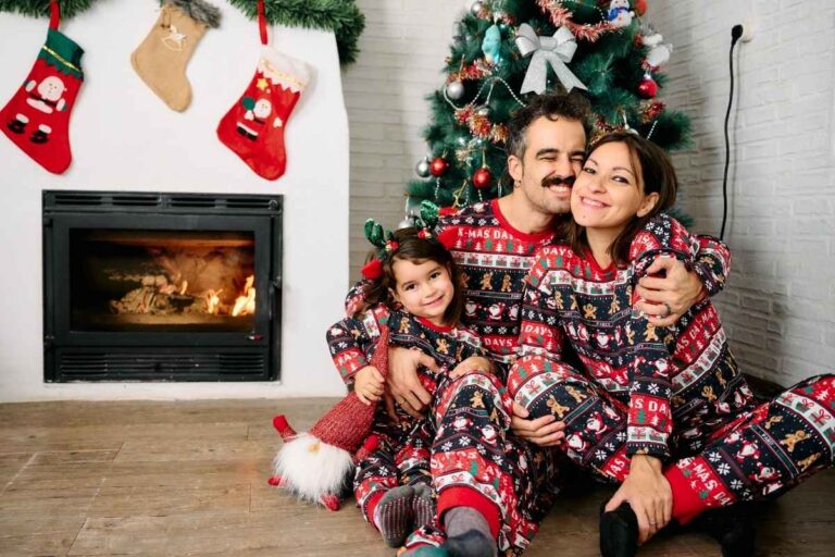 A family member wearing matching family outfits
