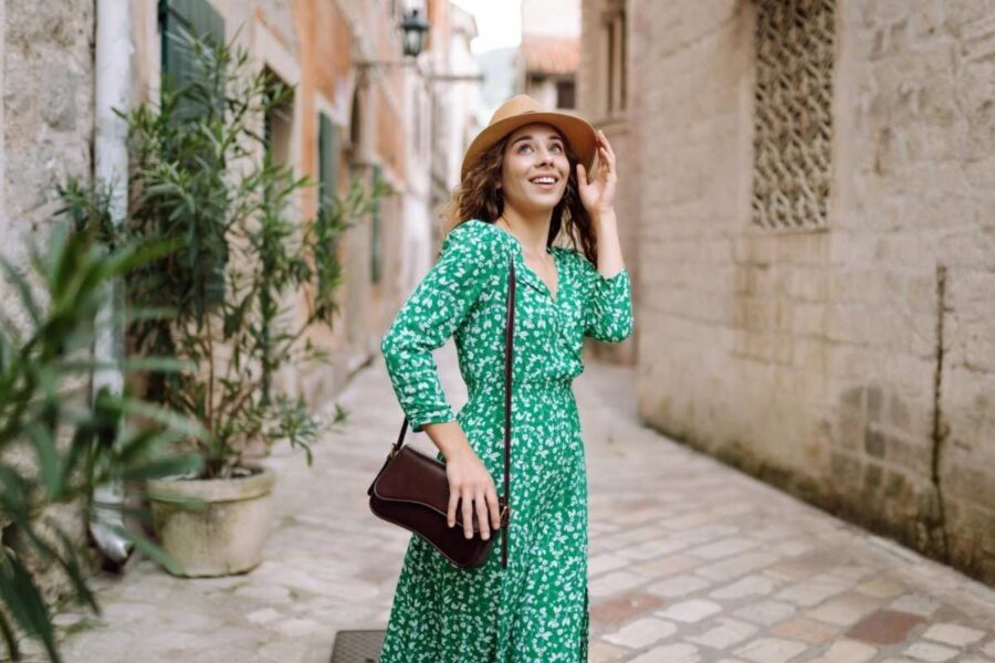 A lady wearing a long maxi dress
