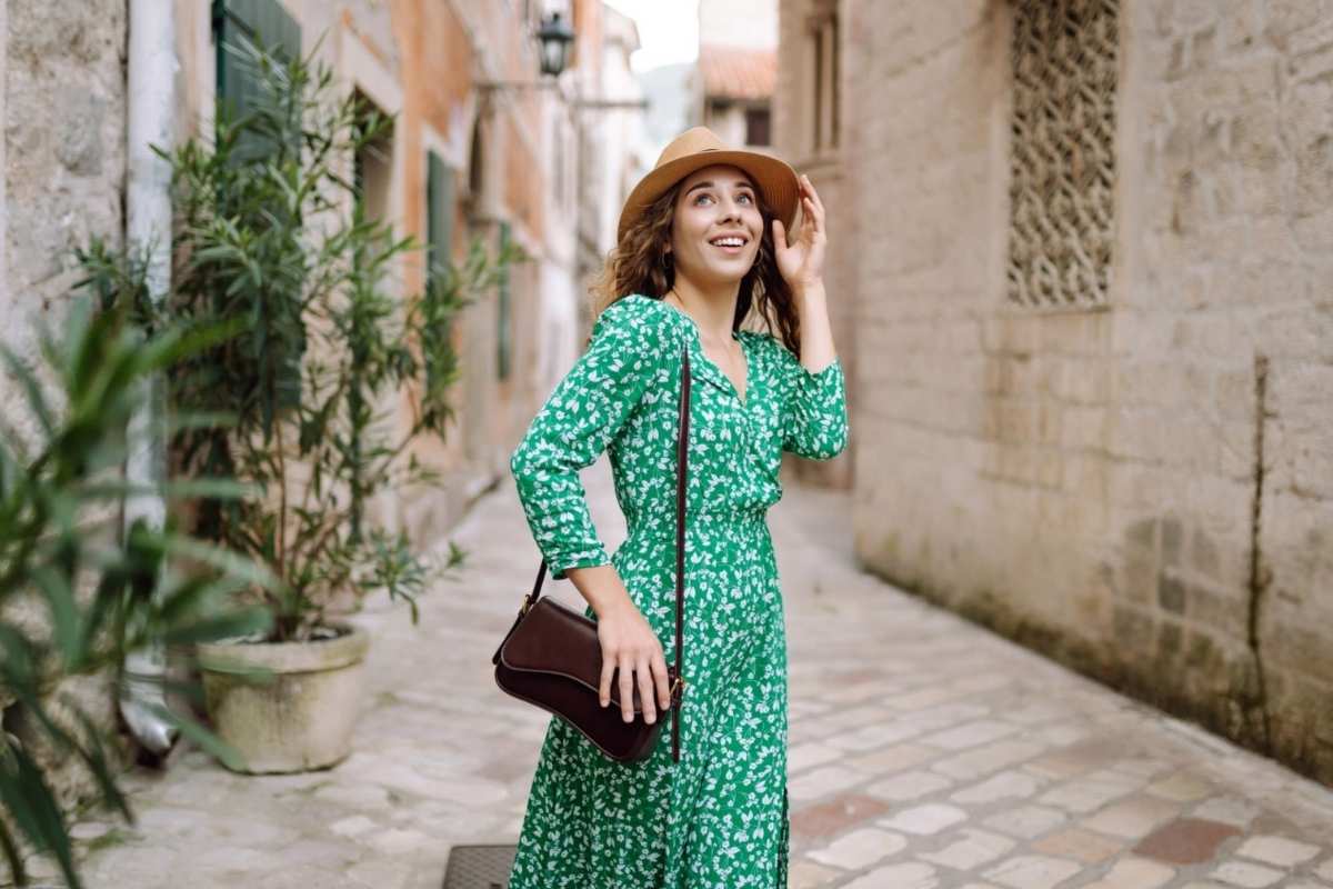 A lady wearing a long maxi dress
